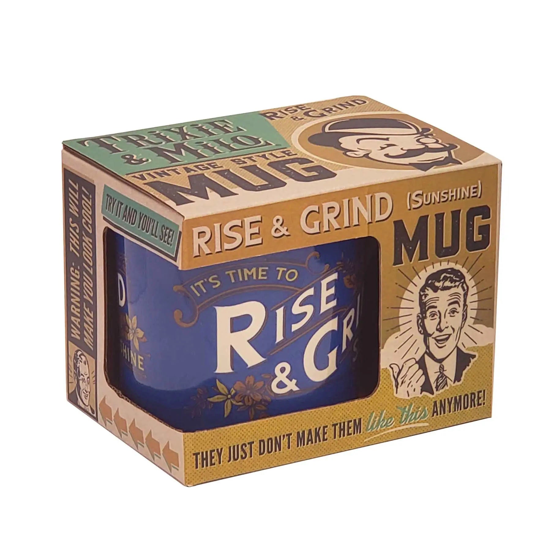ceramic tea or coffee mug. cafe cup reads "Rise and Grind" in bright blue, white, tan and beige retro vintage style presented with kitschy gift box