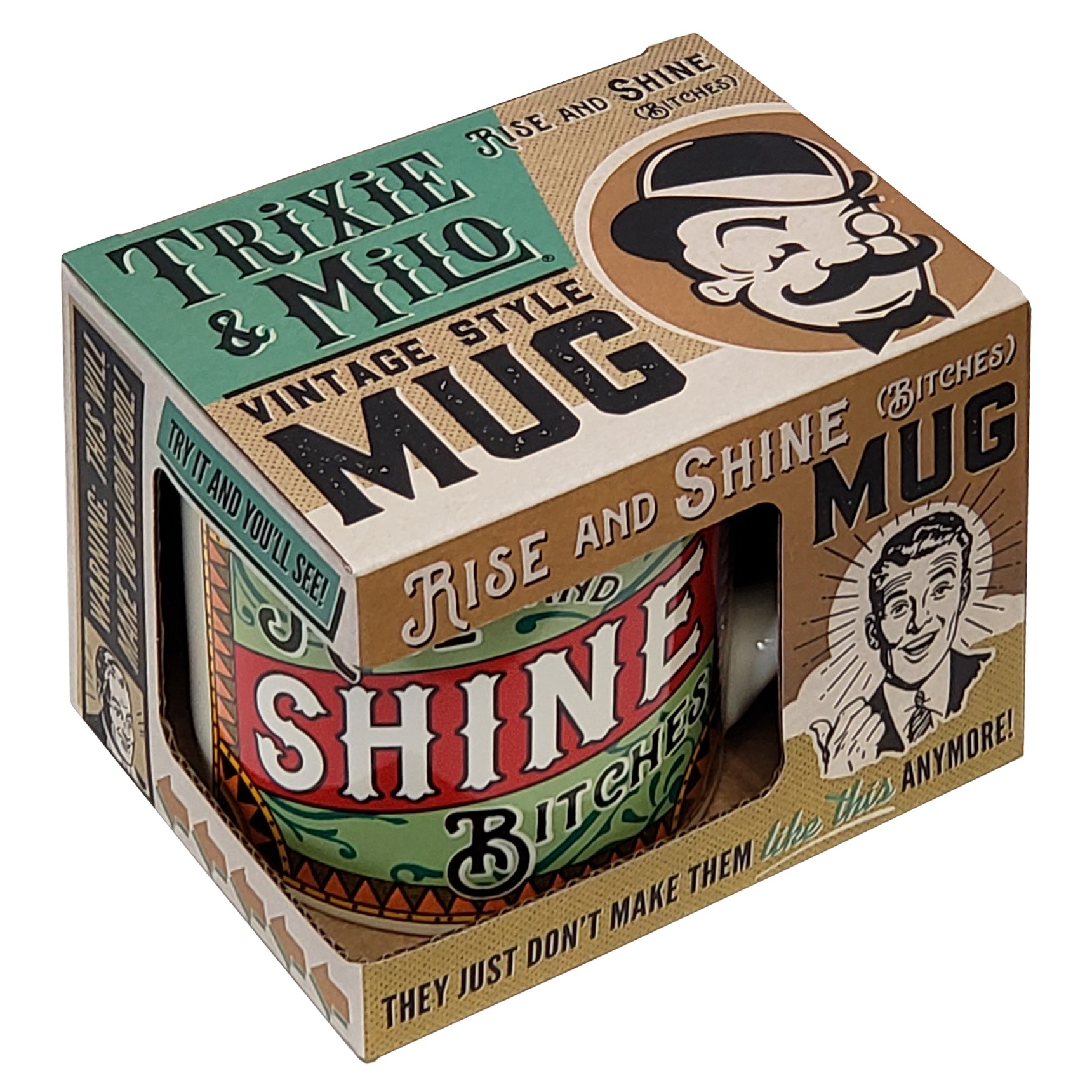 ceramic tea or coffee mug. cafe cup reads "Rise and Shine Bitches" in white, red, green, orange and black retro vintage style presented in kitschy gift box