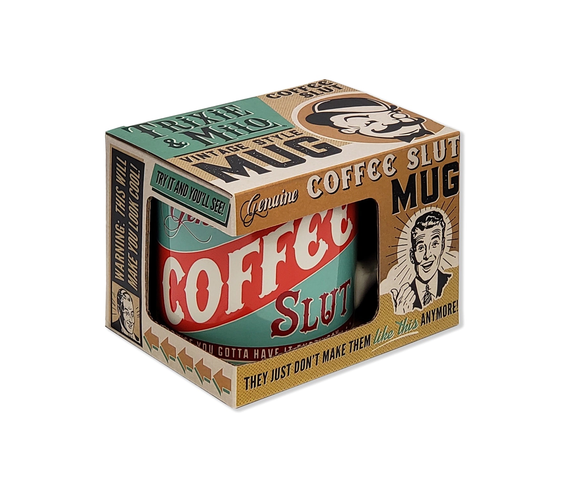 ceramic tea or coffee mug. cafe cup reads "Genuine Coffee Slut" in teal, dark red, bright red retro vintage style present in kitschy gift box displayed in kitschy gift box