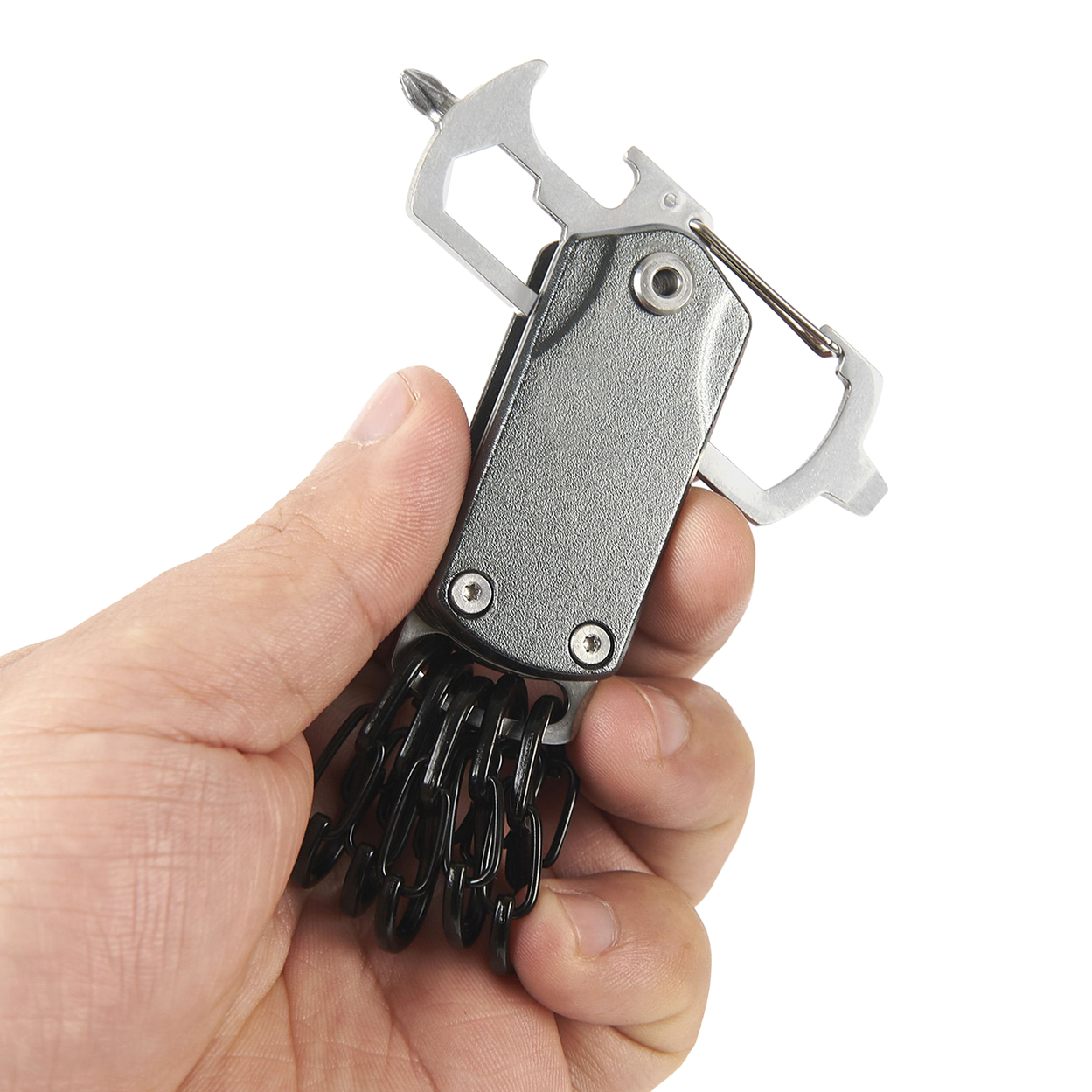 Flip Out Keyring Multifunction tool Portable, DIY projects, camping, hiking. Great for keychain organization; fits on keyring, carabiner, wallet. Features: 3 wrenches, bottle opener, Phillips and flathead screwdrivers and 6 clip on carabiner accessory. Great gift idea for men, glamping, excellent stocking stuffer!