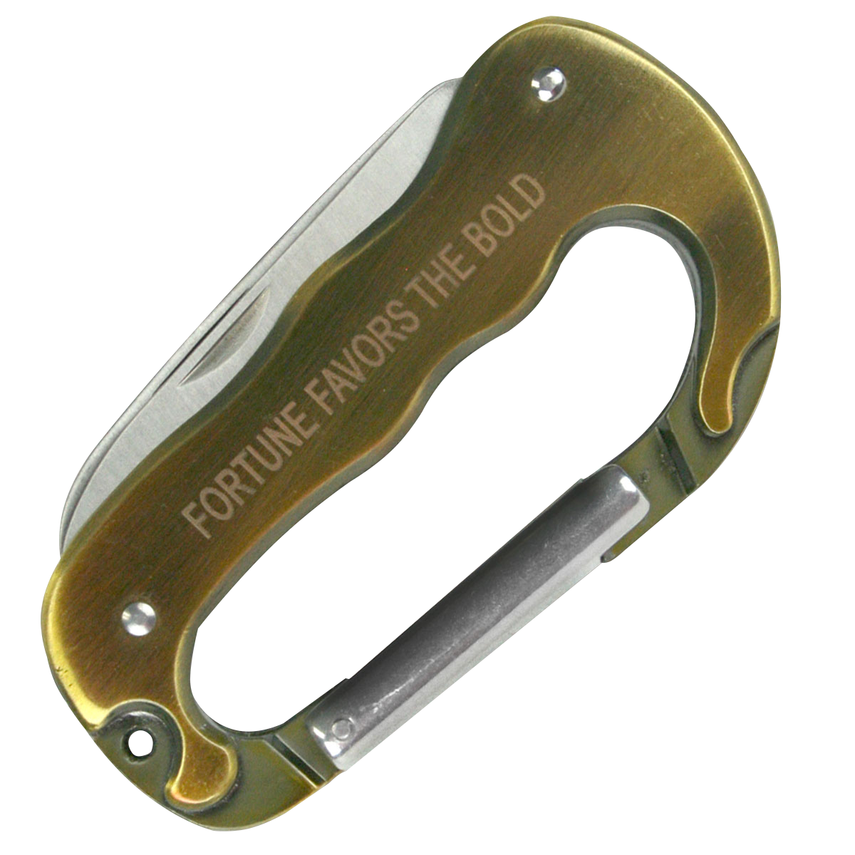 closed hitchblade carabiner with "Fortune favors the bold" engraved acrossed the side panel. Makes an excellent gift for guys or men's gift idea. Take everywhere you need it whether camping, glamping, backpacking or a just a handyman on the job. Contoured aluminum handle and stainless steel blade come together to make a lightweight and durable pocket tool 
