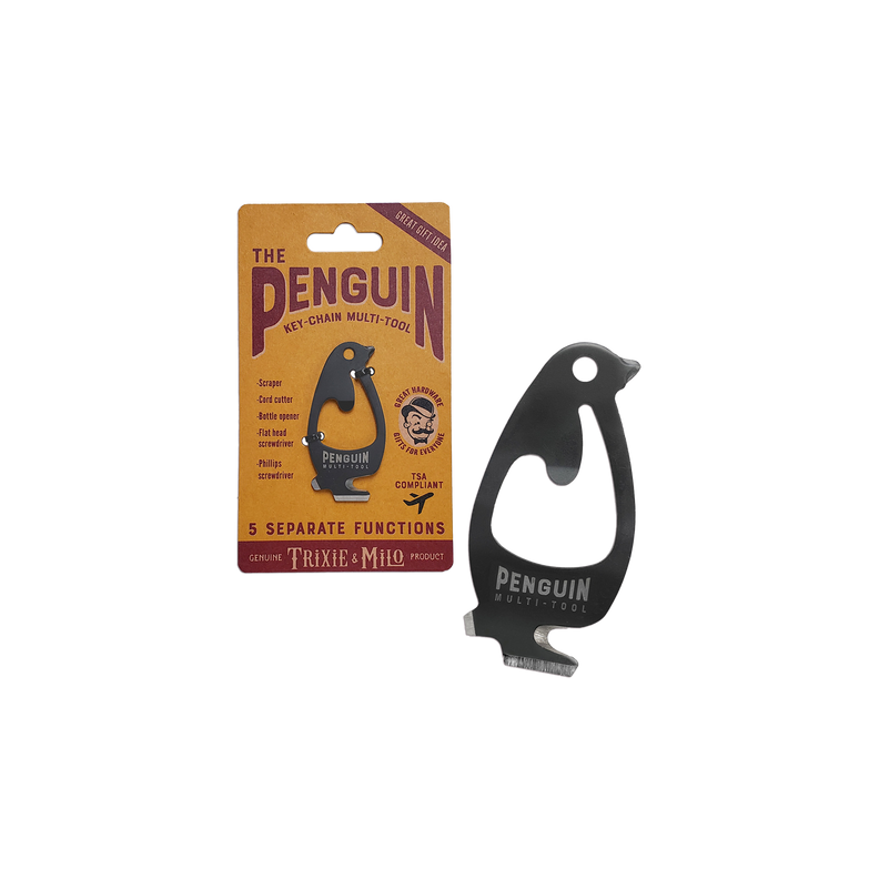 stainless steel coated in matte black pocket multitool shaped like penguin includes line cutter, scraping blade, bottle opener and more.