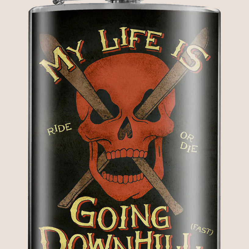 8 oz. Hip Flask: Skiing, My Life is Going Downhill "Ride or Die" Kick off every holiday or party with confidence. Cool stylish stainless steel drinking flask. Designed for durability and aesthetic appeal.