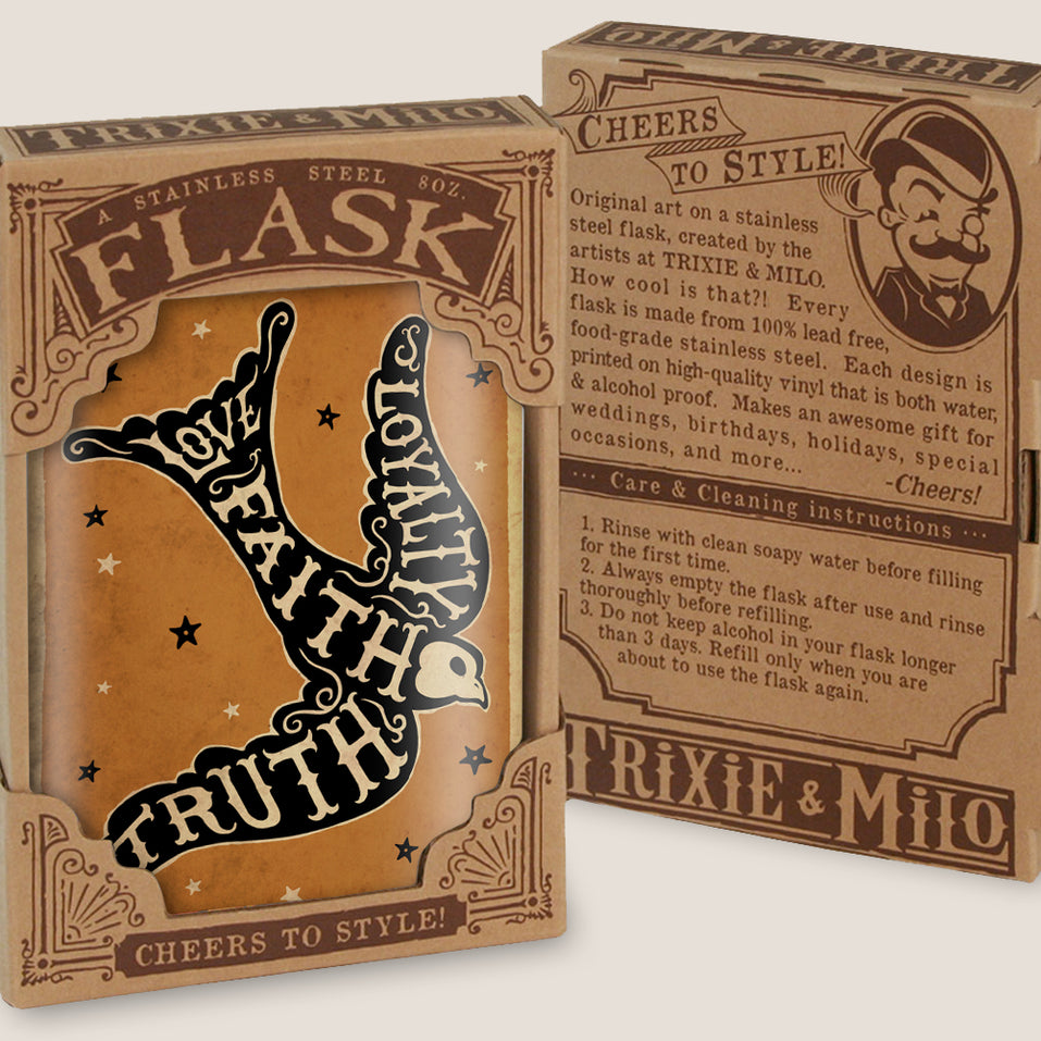 8 oz. Hip Flask: Love, Faith, Truth, Loyalty Bird in gift box