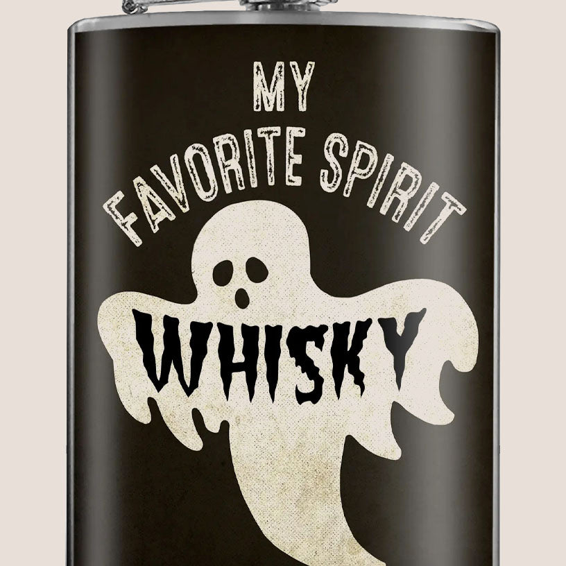 8 oz. Hip Flask: My Favorite Spirit is Whisky Kick off every Halloween or spooky party with confidence. Cool stylish stainless steel drinking flask. Designed for durability and aesthetic appeal.