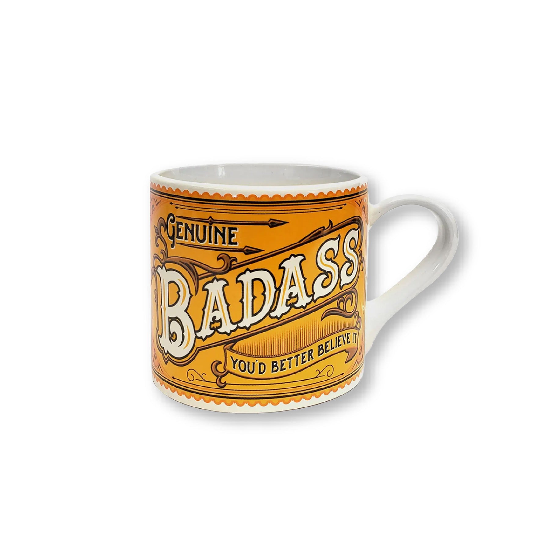 ceramic tea or coffee mug. cafe cup reads "Genuine Badass" in yellow, gold, and orange retro vintage style