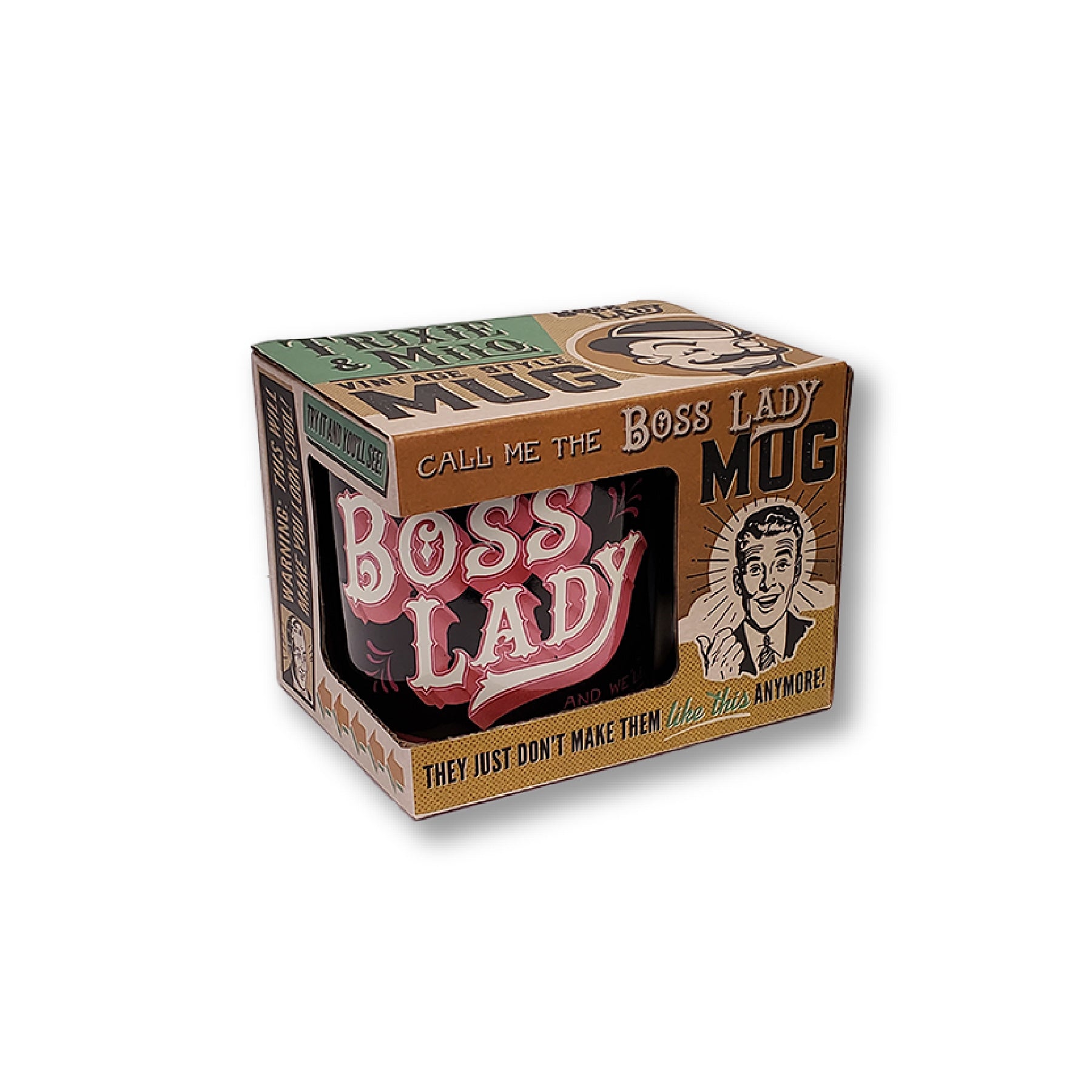 ceramic tea or coffee mug. cafe cup reads "Boss Lady" in pink, black, and off white retro vintage style. pictured in kitschy gift box