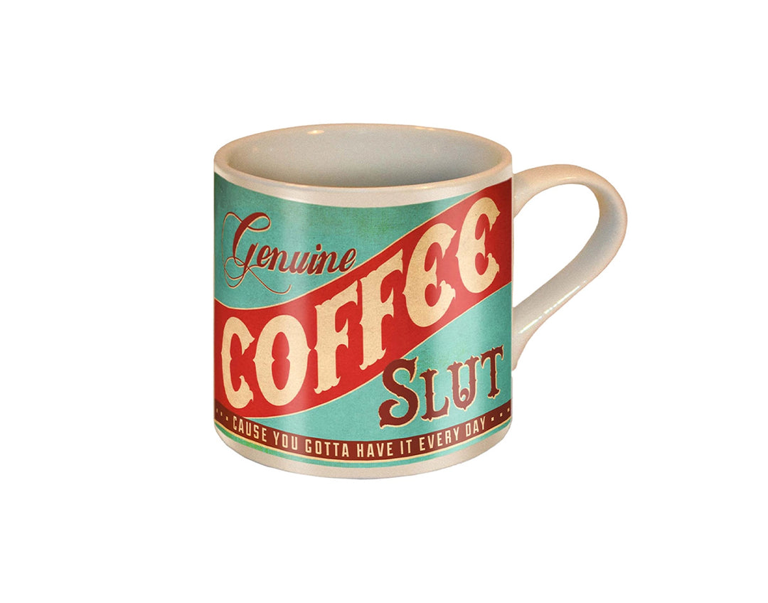 ceramic tea or coffee mug. cafe cup reads "Genuine Coffee Slut" in teal, dark red, bright red retro vintage style present in kitschy gift box