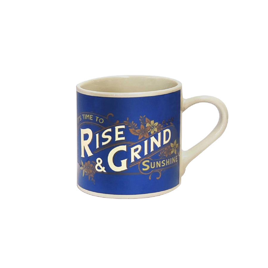 ceramic tea or coffee mug. cafe cup reads "Rise and Grind" in bright blue, white, tan and beige retro vintage style